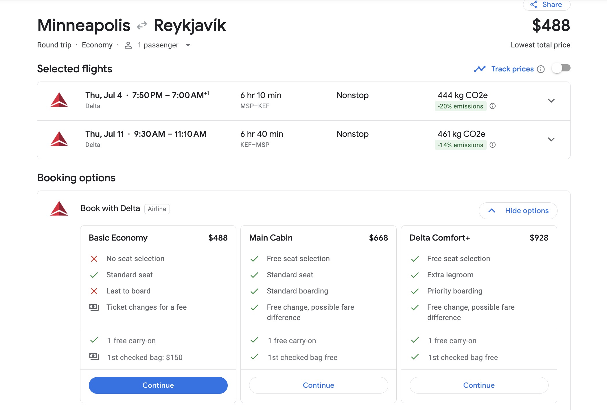 Minneapolis to Reykjavik airfare for $488 roundtrip in basic economy on Delta Air Lines shown on Google Flights. 